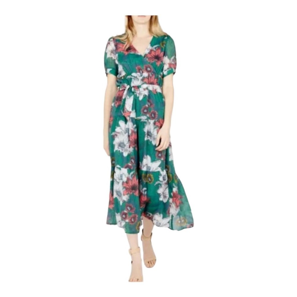 The Korner Green Floral Surplice Crepe Floral Midi Dress